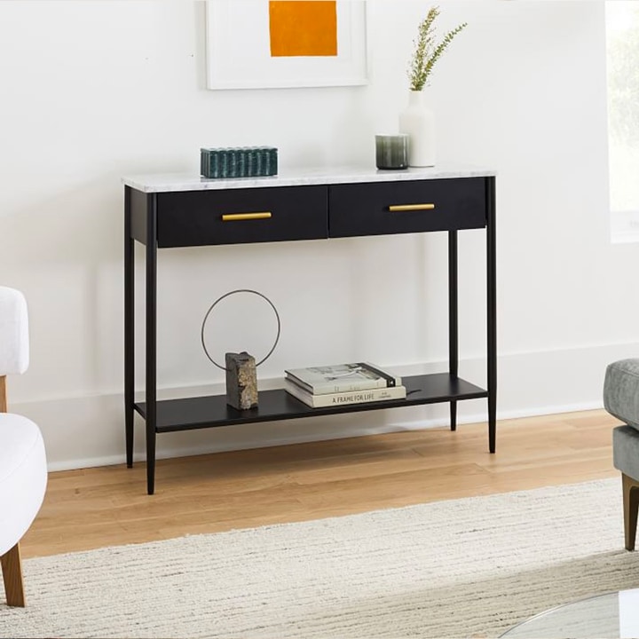 Modern black console table with marble top