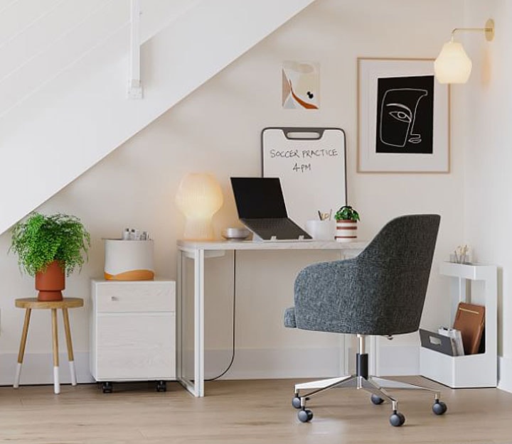 Small desk with gray retro armed desk chair