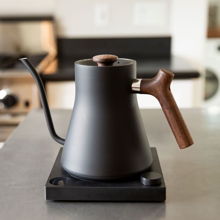 Black electric tea kettle with wooden handle