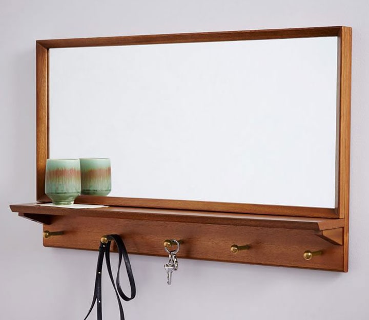Mid-century mirror with shelf and hooks