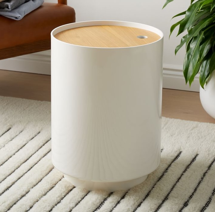 White storage container with wooden lid