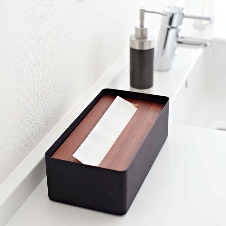 Modern wood top tissue holder.