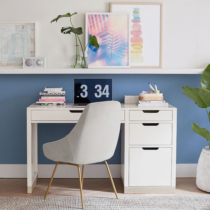 White modern desk with drawers.