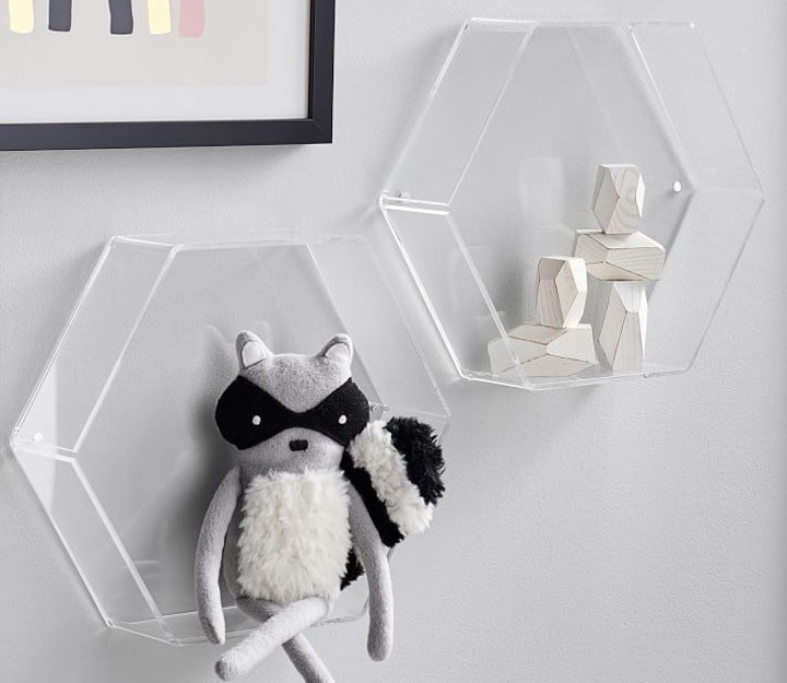 Acrylic hexagon shelves and stuffed animal