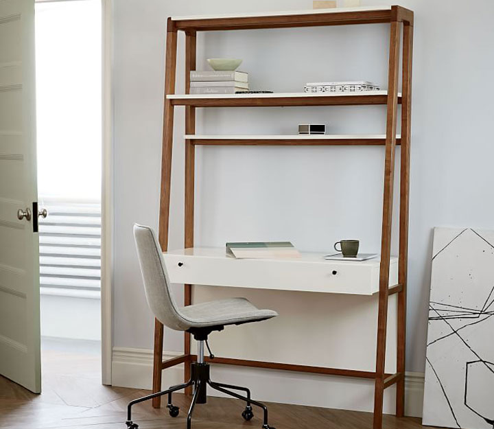 Modern white and wood wall desk with chair