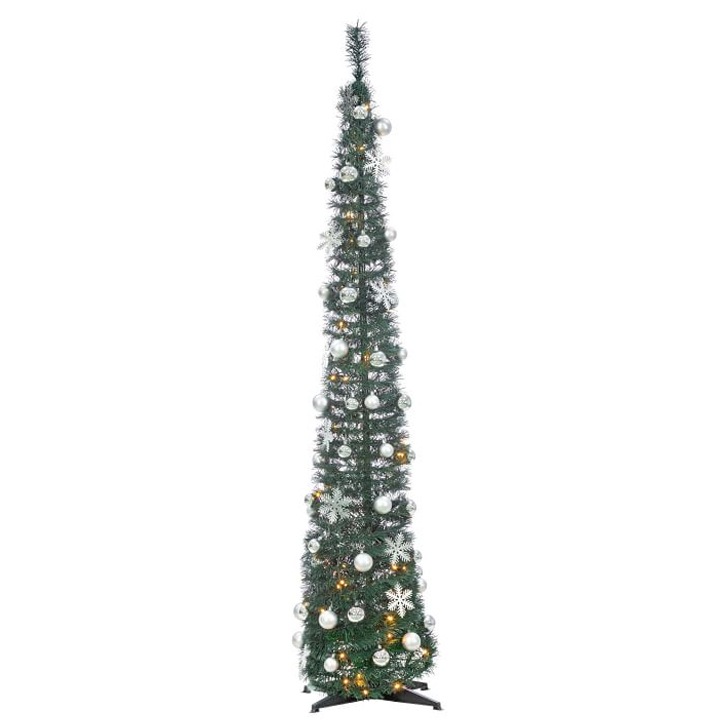 skinny tall christmas tree with gold and silver ornaments