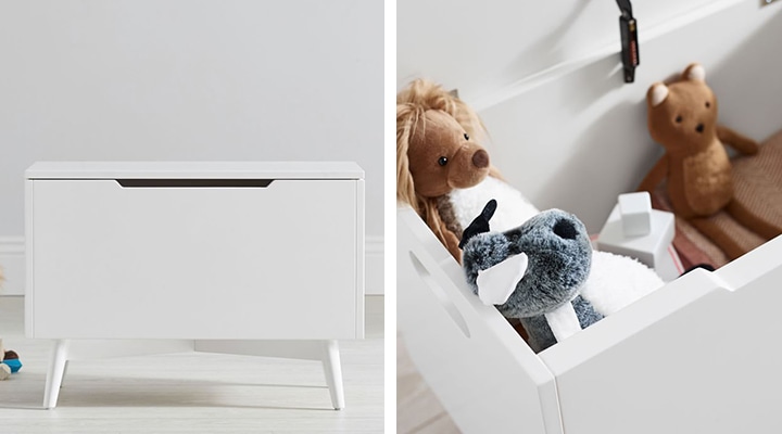 Modern white toy box with toys inside