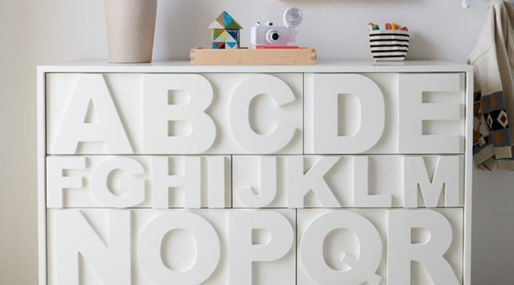 Modern white dresser with the alphabet
