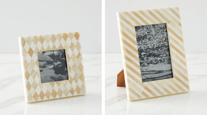 Bone inlay picture frames on marble table