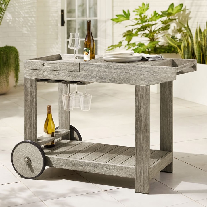 Outdoor, wooden bar cart in weathered gray.