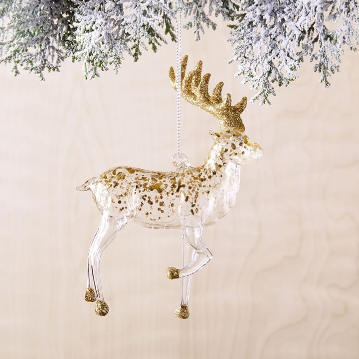 glass and gold sparkly reindeer christmas ornament