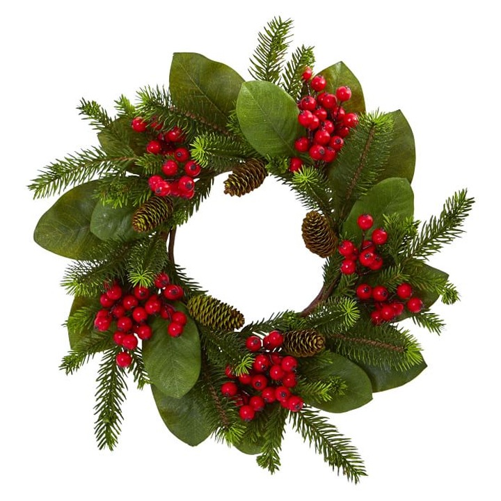 holly wreath with berries and pinecones