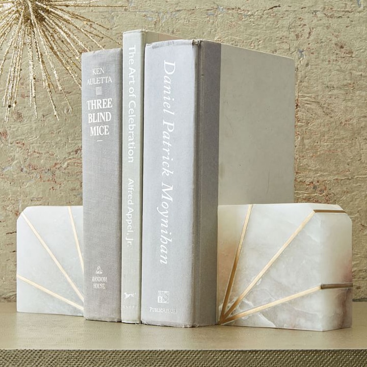 alabaster stone book ends with brass inlays