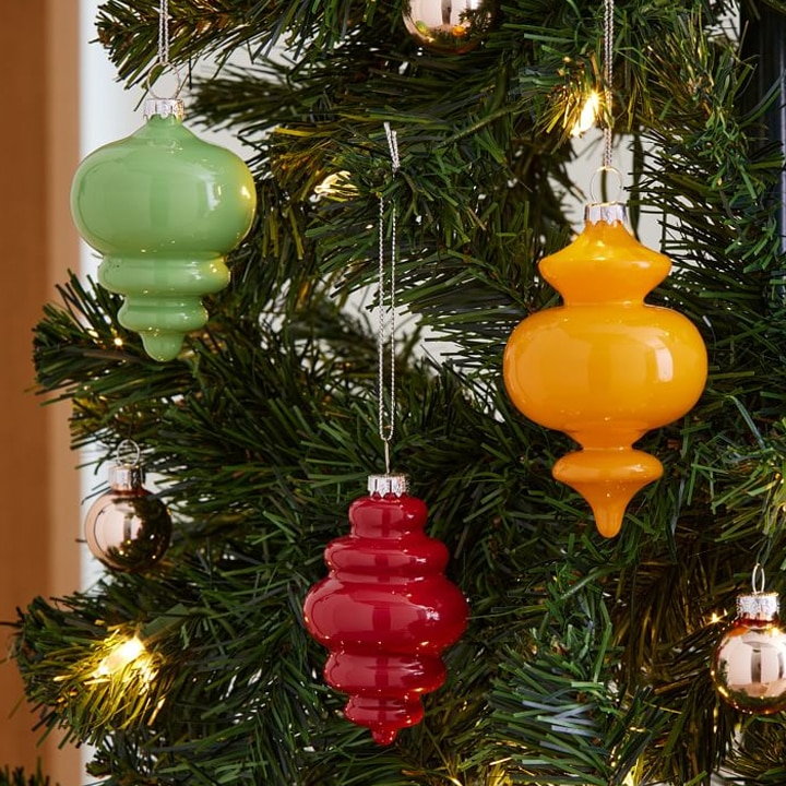 bright blown glass christmas ornaments in unique shapes