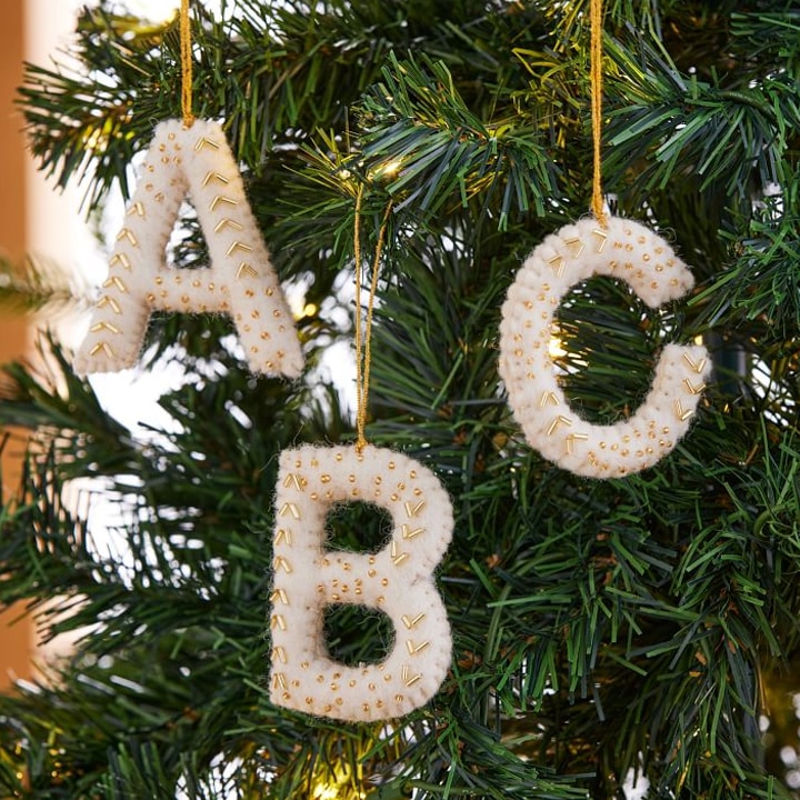 white and gold felted alphabet letter christmas ornaments