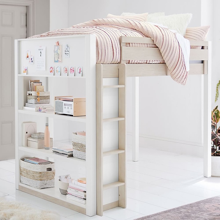 white bunk bed with shelving
