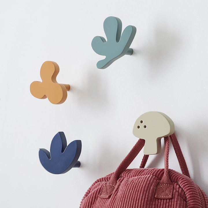 Colorful wall hooks in various organic shapes