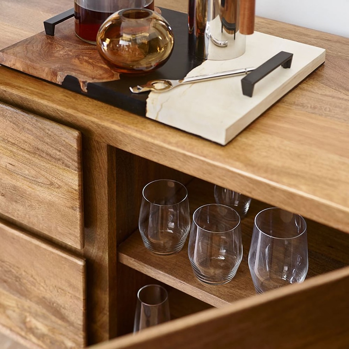 bar cart shelf wine glasses
