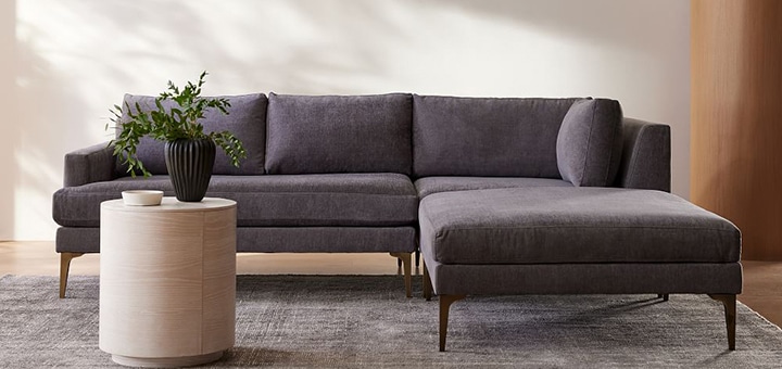 Modern Mid-Century Upholstered Sofa White & Gray Linen Brushed