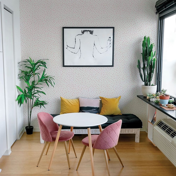 pink speckled wallpaper dinning room
