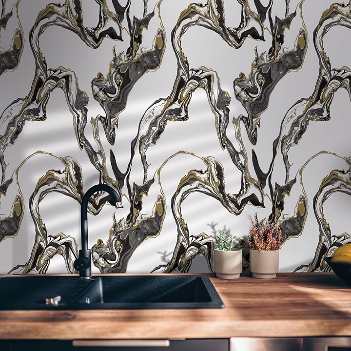 marbled wallpaper kitchen sink