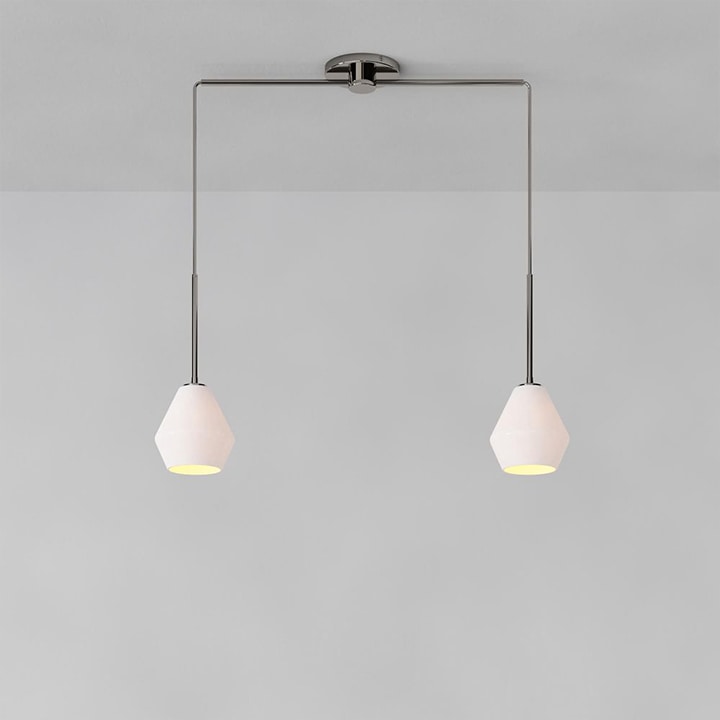 Sculptural two-light geometric pendant with polished nickel finish.