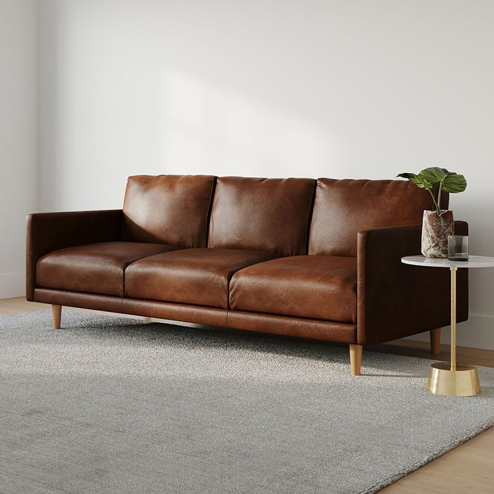 Chocolate brown leather sofa.