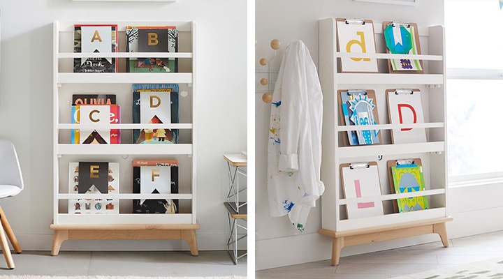 White kids' bookrack with wooden legs
