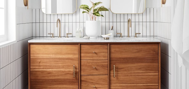 Mid-century wood vanity with gold accents