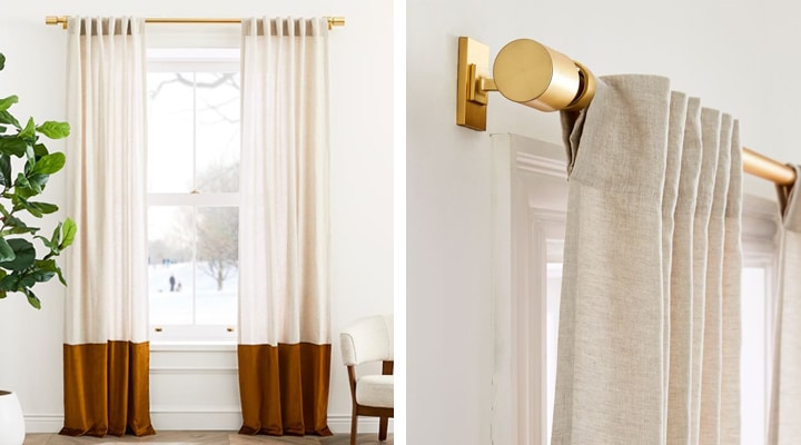 Gold curtain rod with white and rust curtains Gold curtain rod with white and rust curtains