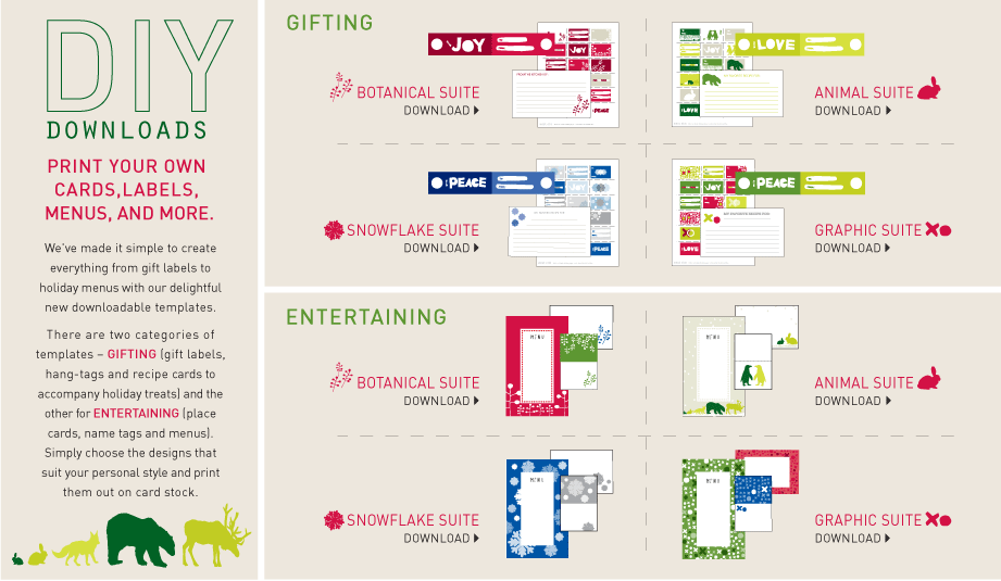 DIY Downloads &ndash; Print your own cards, labels, menus, and more.