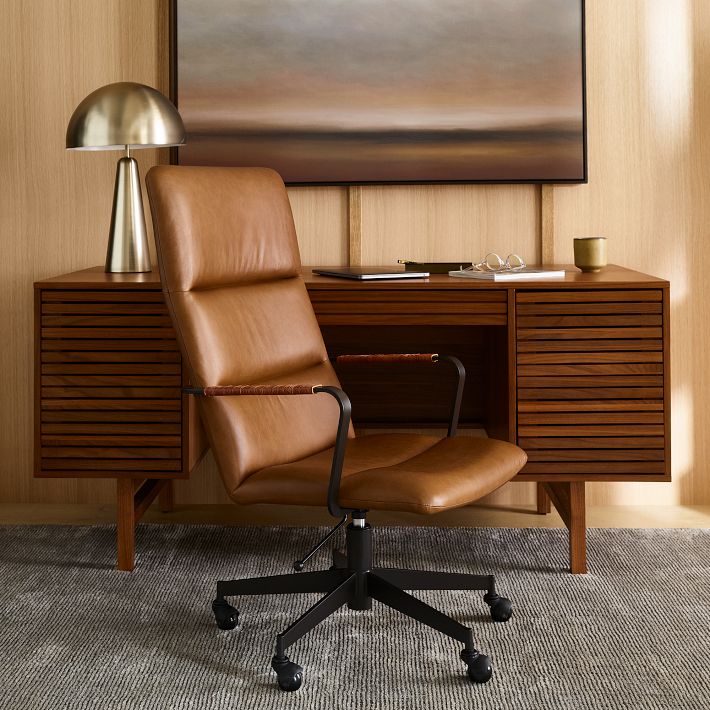 Cooper Mid Century High Back Leather Swivel Office Chair West Elm