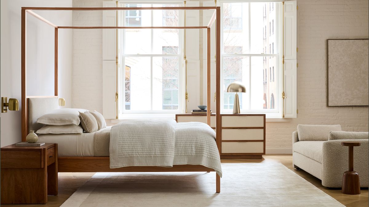 Loretta Canopy Bed King Cool Walnut Chenille Tweed Natural Sand West Elm