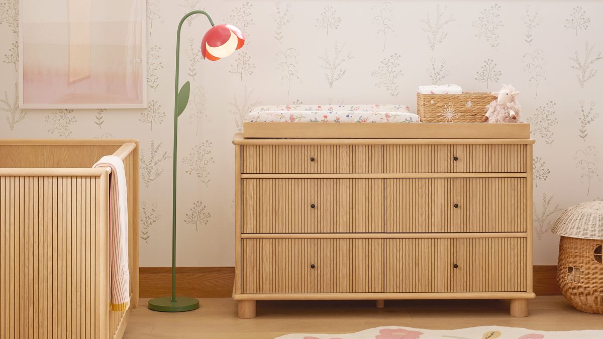 solid wood dresser changing table low voc water-based finish eu Homsee Baby Dresser, 100% Infant Diaper Changing Station Combo, 9-Drawer Baby Nursery with Removable Tray for Children's Room Bedroom, Nature Color 55.1