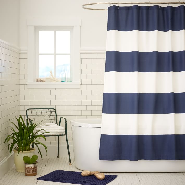 yellow and white striped shower curtain