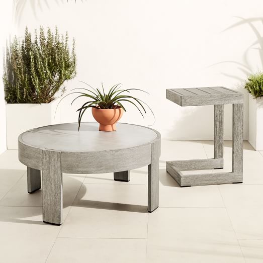 Portside Outdoor Round Concrete Coffee Table C Shaped Side Table Set Weathered Gray