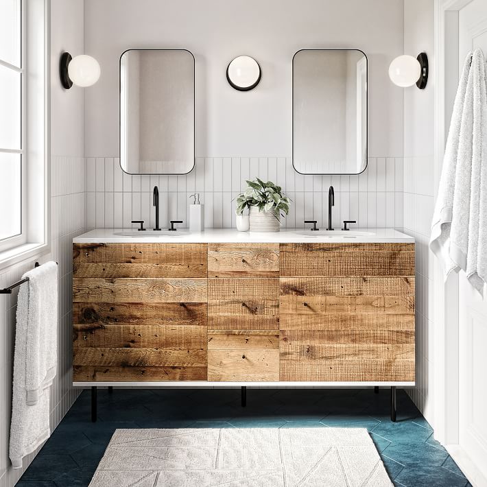 This distress painted wood post contains affiliate links for your convenience. weathered wood bathroom vanity image