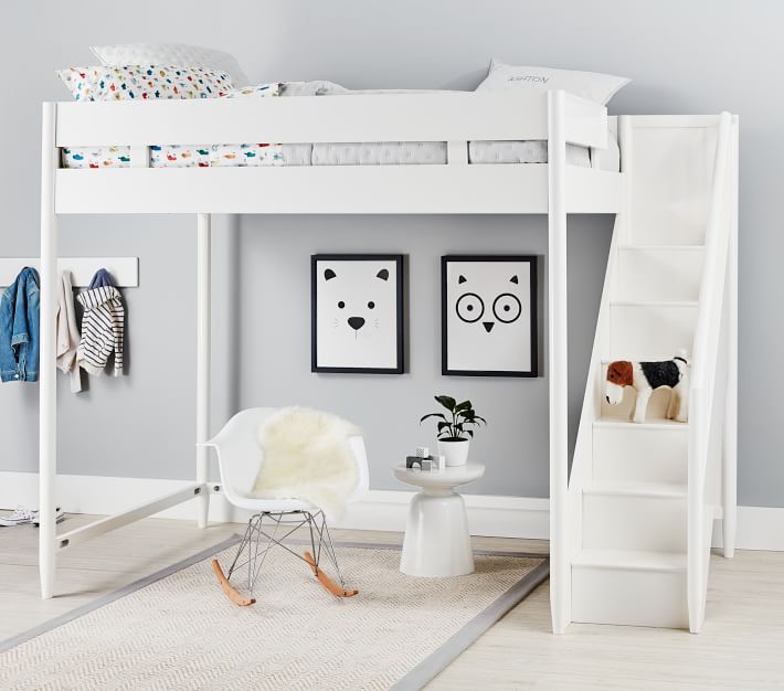 white loft bed with stairs