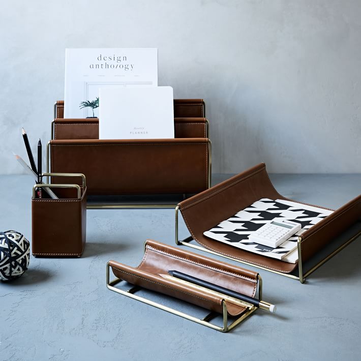 Faux Leather Brass Desk Accessories