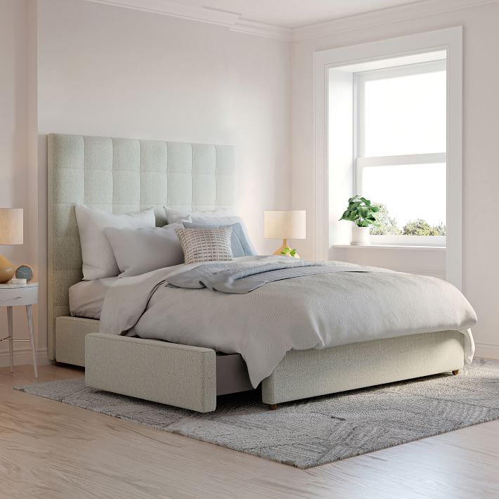 GridTufted Storage Bed, Full, Astor Velvet, Dusty Blush West Elm