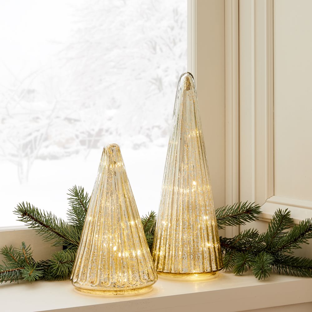 Pottery Barn Mini Lit MERCURY GLASS TREE ~Silver Christmas ~NIB ~ Free Tea Light 