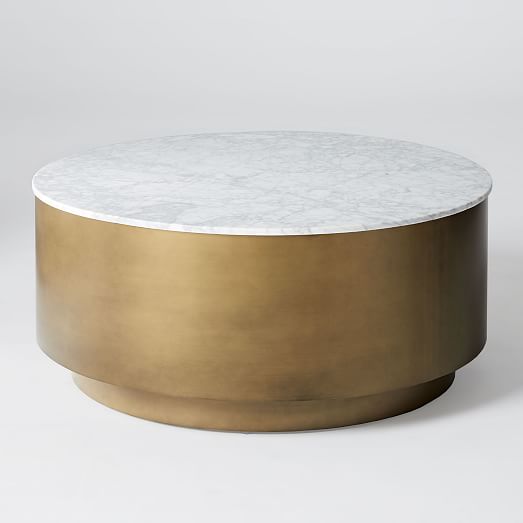 Marble Metal Drum Coffee Table, Carrara Marble Drum Coffee Table