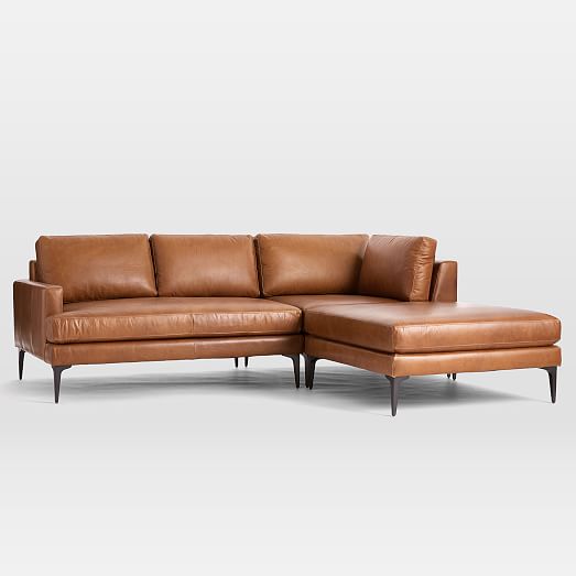 Andes Leather 3 Piece Chaise Sectional, Cognac Leather Sofa With Chaise