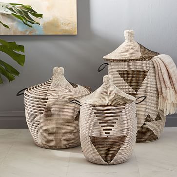 Graphic Woven Lidded Baskets Black White - West Elm Decorative Wall Baskets