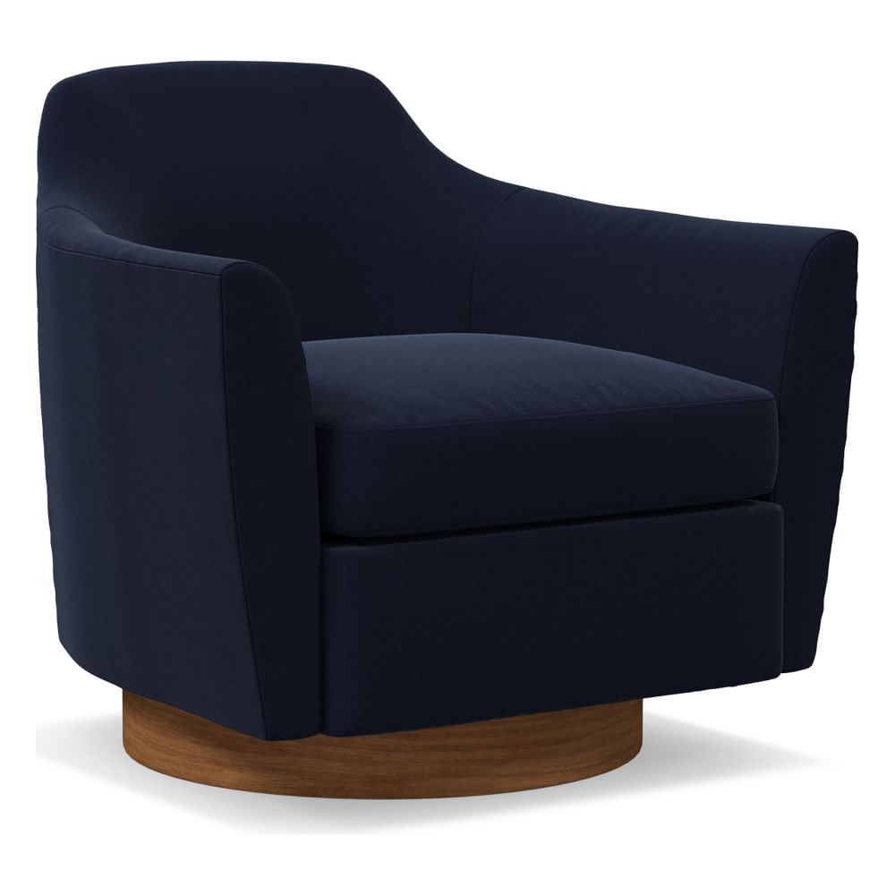 Haven Swivel Chair, Poly, Distressed Velvet, Ink Blue, Dark Walnut
