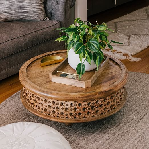 Carved Wood Coffee Table, Small Round Dark Wood Coffee Table