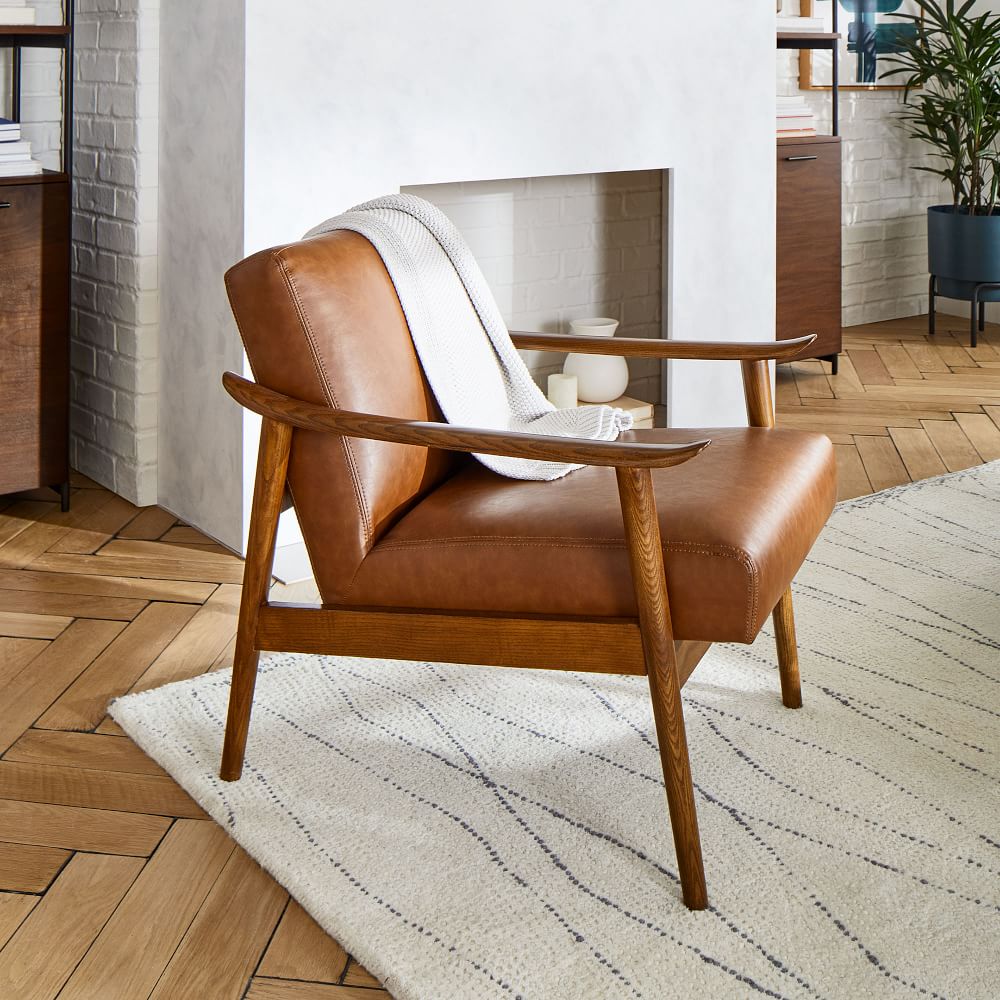 West Elm Mid Century Leather Show Wood Chair