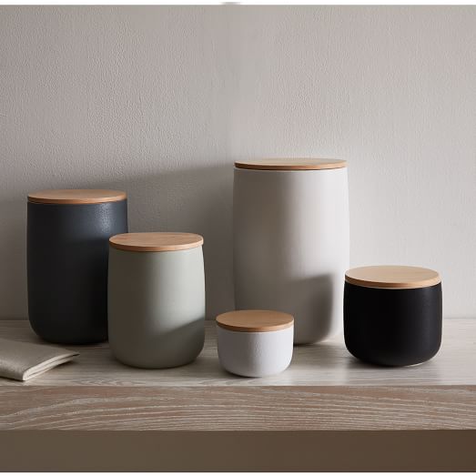 Kaloh Stoneware Kitchen Canisters w/ Wood Tops