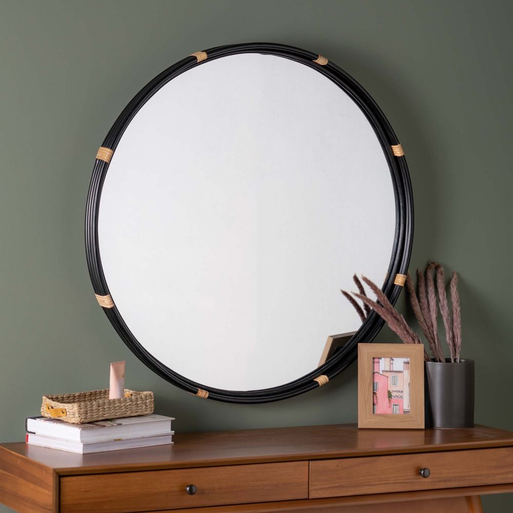 Round Natural Rattan Mirror Black