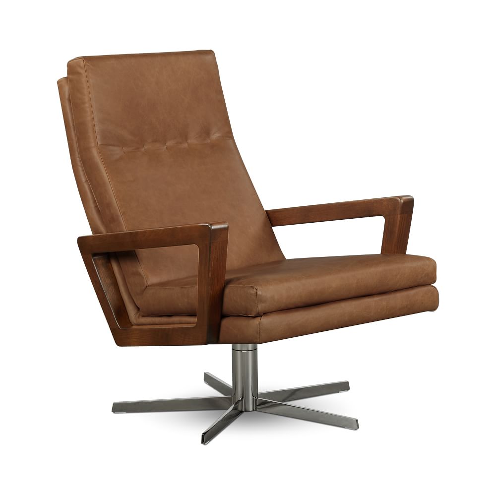 Wood Armed Leather Swivel Chair